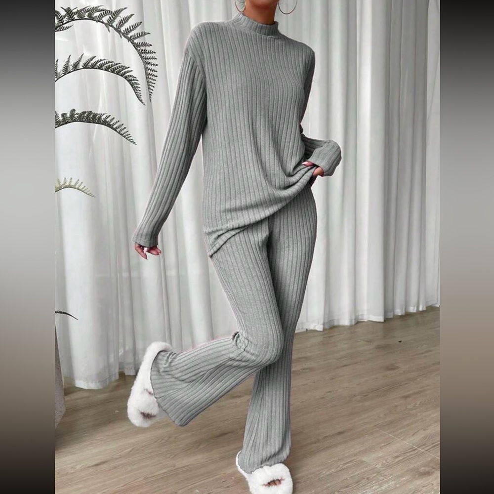 Mock neck drop shoulder top and pant set